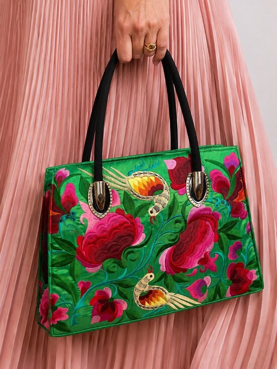 The Unbranded Brand Handbags - Handcrafted Floral Embroidered Shoulder Green Tote Bag – Unbranded, New